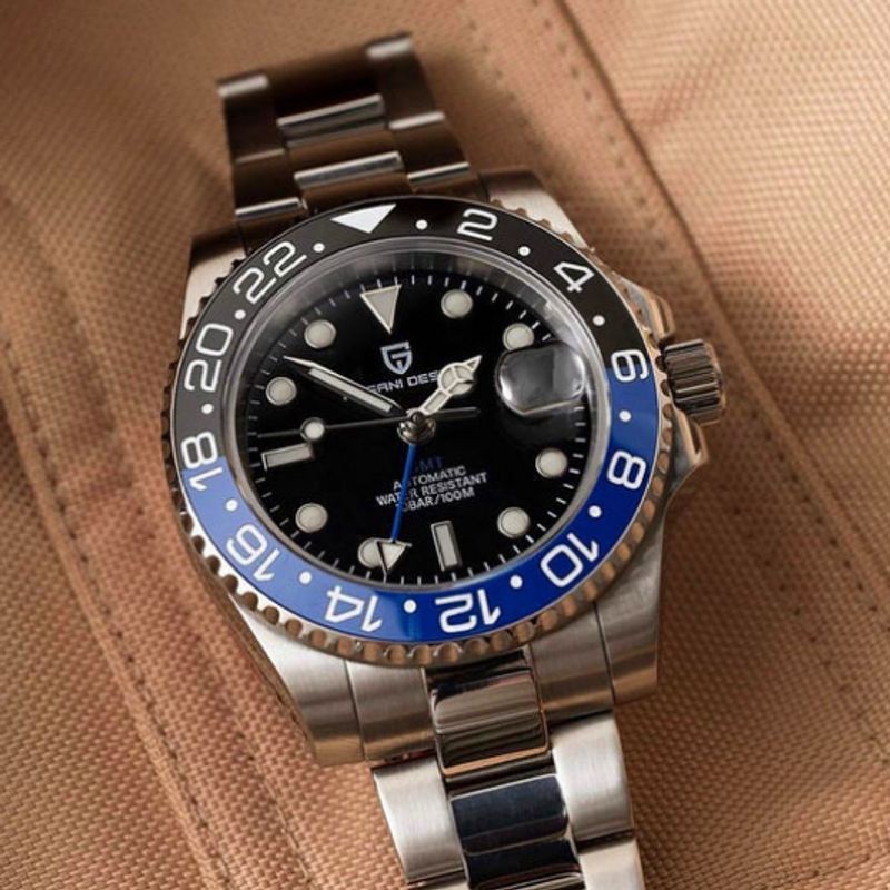 Montre hommage à la GMT Master Batman automatique de l'iconique marque suisse à la couronne - montre bracelet en acier inoxydable pour homme - couleur bleu et noir