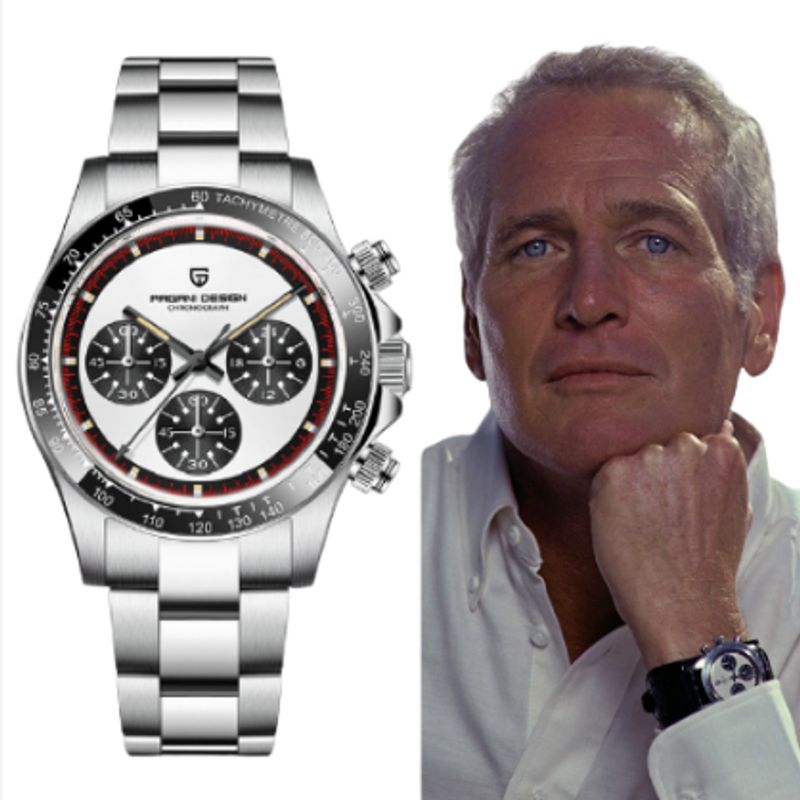 Montre hommage à la prestigieuse Dayton Newman - photo vue de face de la superbe montre signé Pagani Design et  du portrait de Paul Newman avec la Daytona au poignet