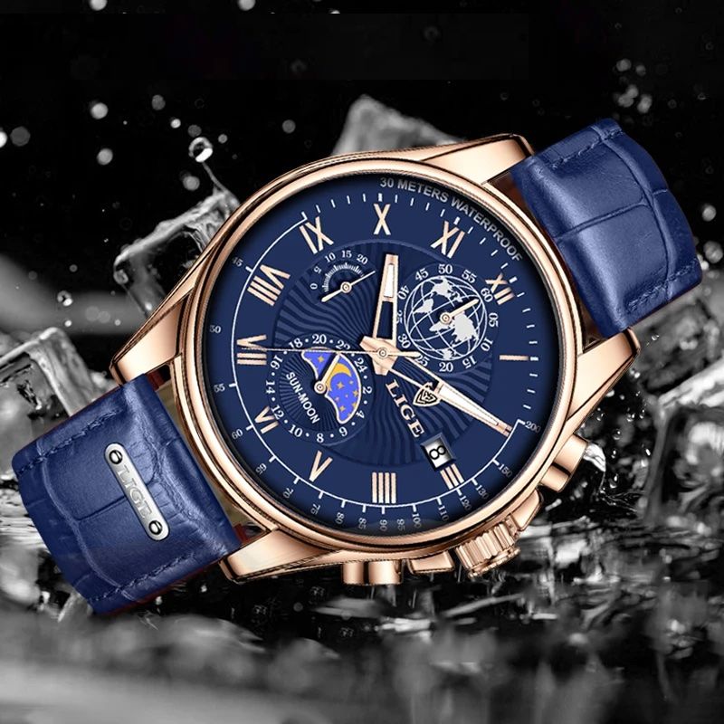 Montre chrono pour homme élégant avec bracelet en cuir bleu appuyé sur des glaçons - Lige Urban Chrono