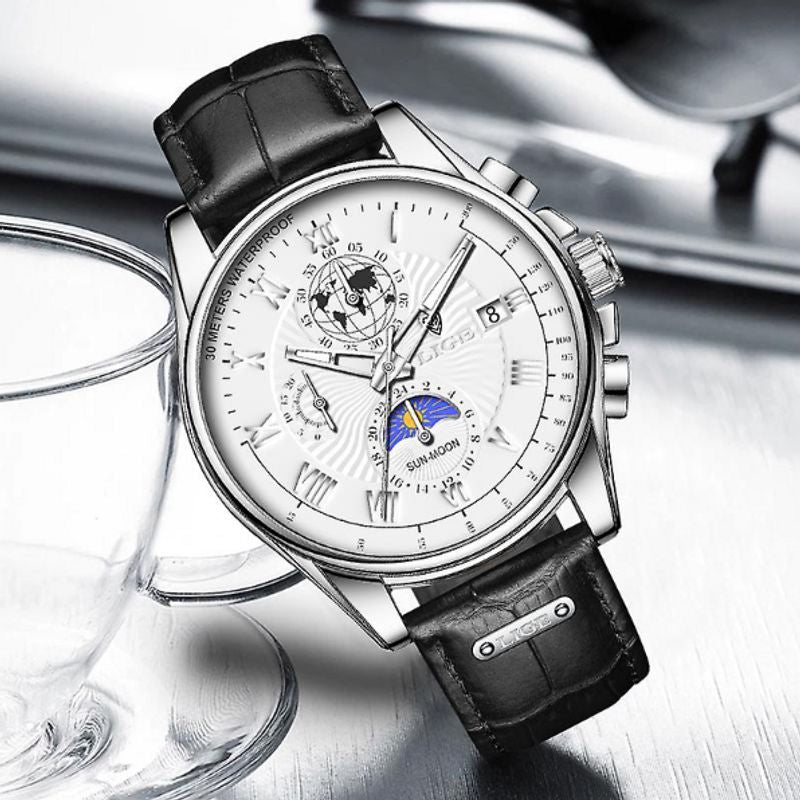 Montre chronographe pour homme business avec bracelet en cuir noir appuyé sur une tasse en verre transparente - Lige Urban Chrono