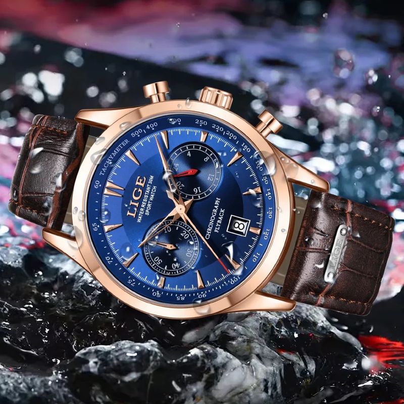 Montres sportive Lige Chrono Flyback waterproof cadran bleu avec bracelet en cuir marron