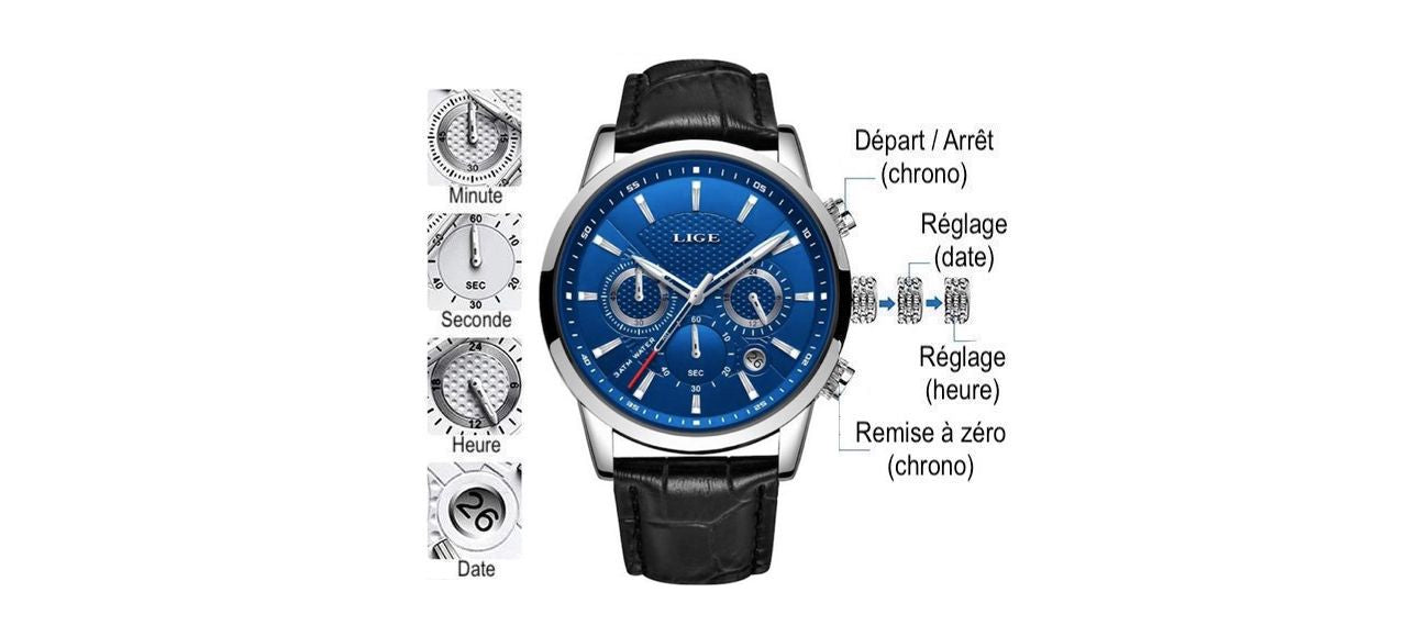 Montre LIGE Chrono Markus - fonctions, chronographe et calendrier - trois sous-cadran, seconde, minute et heure - deux boutons poussoirs pour le chronographe, départ et arrêt et remise à zéro, une couronne crantée pour le réglage de l'heure et de la date. Boitier, aiguilles et index argenté avec cadran de couleur bleu, son bracelet est en cuir noir.