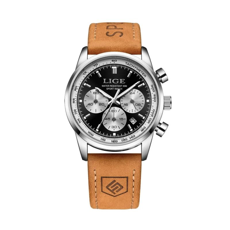 Montre Lige chrono sport argenté pour homme avec bracelet en cuir marron citrouille, cadran noir et argent