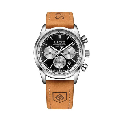 Montre Lige chrono sport argenté pour homme avec bracelet en cuir marron citrouille, cadran noir et argent