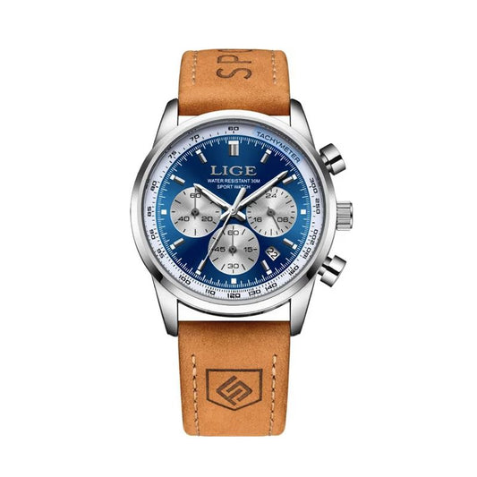 Montre Lige chrono sport argenté pour homme avec bracelet en cuir marron citrouille, cadran bleu et argent.