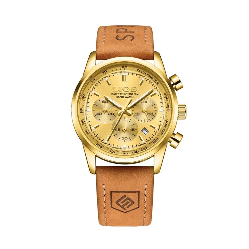 Montre Lige chrono sport doré pour homme avec bracelet en cuir marron citrouille, cadran or