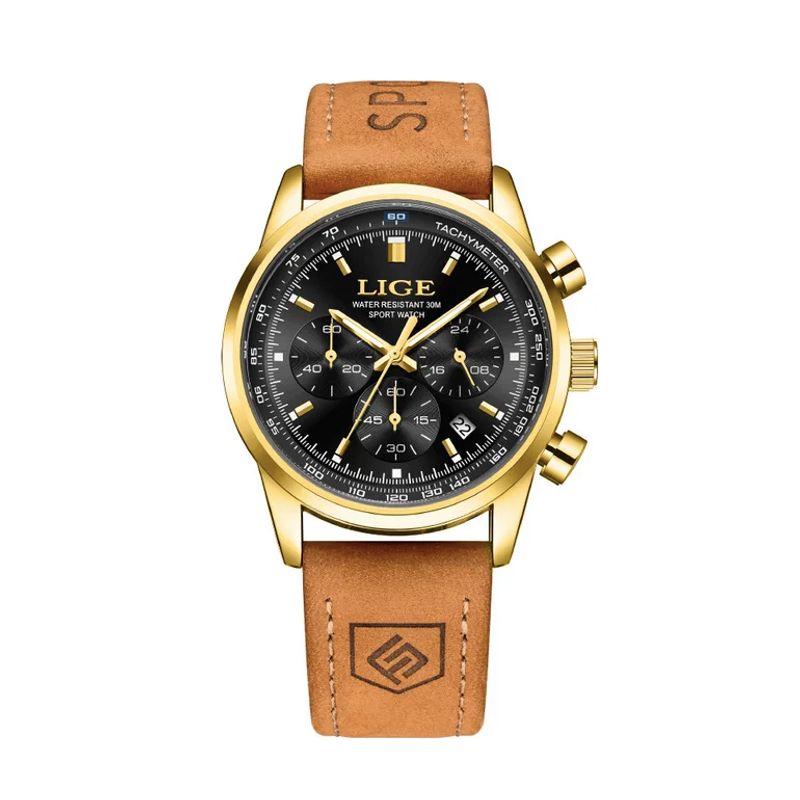 Montre Lige chrono sport doré pour homme avec bracelet en cuir marron citrouille, cadran noir et or