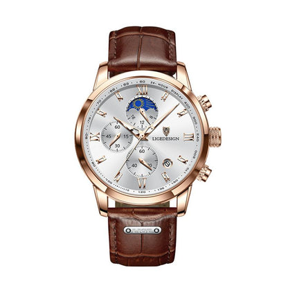 Montre homme LIGE Design Pro avec bracelet en cuir marron, boîtier doré, cadran blanc, chronographe, phase de lune, date, ses aiguilles et ses chiffres romains sont de couleur or.