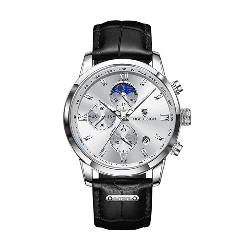 Montre Lige Design Pro pour homme avec chronographe et phase de lune - bracelet en cuir noir - coloris cadran blanc