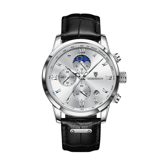 Montre Lige Design Pro pour homme avec chronographe et phase de lune - bracelet en cuir noir - coloris cadran blanc
