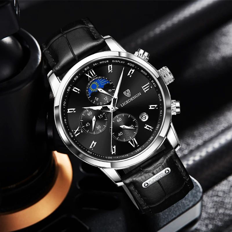 Montre Lige Design Pro pour homme avec chronographe et phase de lune - bracelet en cuir noir avec logo Lige argenté - coloris boitier argent et cadran noir