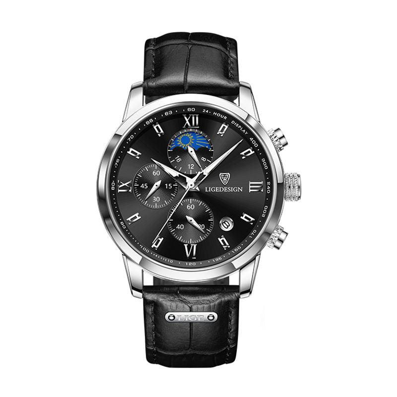 Montre Lige Design Pro pour homme avec chronographe et phase de lune - bracelet en cuir noir - boitier argenté et cadran noir