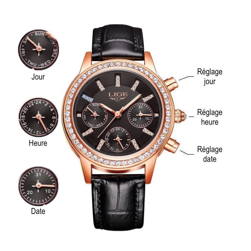 Fonctions de la montre LIGE Diana Cristal noire, trois sous cadran avec chacun son poussoir pour permettre le réglage, du jour, de l'heure et de la date.