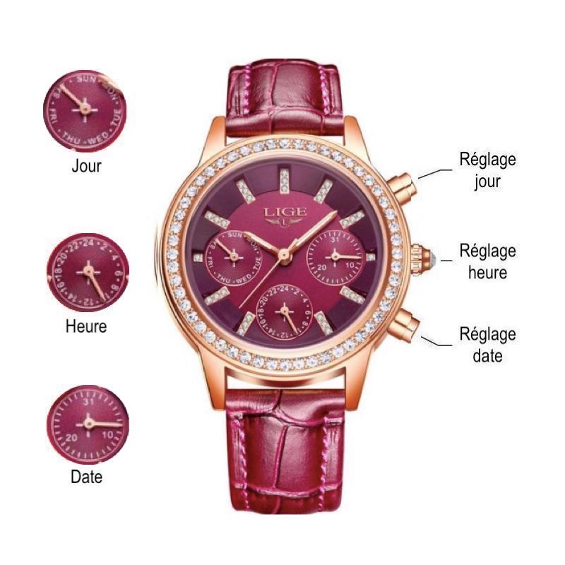 Fonctions de la montre LIGE Diana Cristal bordeaux, trois sous cadran avec chacun son poussoir pour permettre le réglage, du jour, de l'heure et de la date.