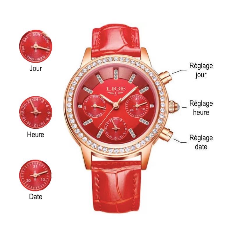 Fonctions de la montre LIGE Diana Cristal rouge, trois sous cadran avec chacun son poussoir pour permettre le réglage, du jour, de l'heure et de la date.