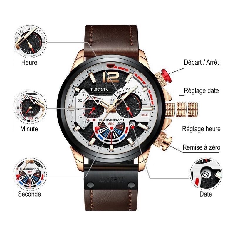 Montre LIGE Pilot Chrono, chronographe homme avec trois sous-cadran, fonctions minute, seconde et heure - calendrier, réglage de la date - bracelet cuir marron