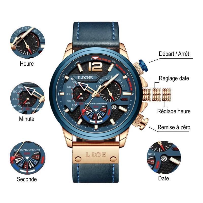 Montre LIGE Pilot Chrono, bleu, chronographe homme avec trois sous-cadran, fonctions minute, seconde et heure - calendrier, réglage de la date - bracelet cuir bleu