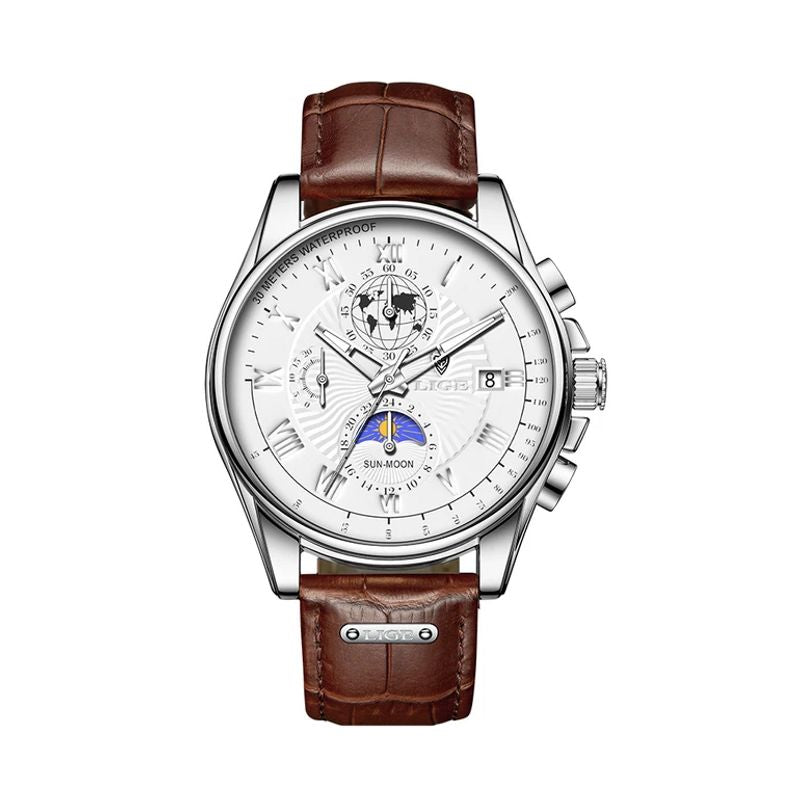 Montre chronographe pour homme business, cadran blanc et boitier argent avec bracelet en cuir marron - Lige Urban Chrono