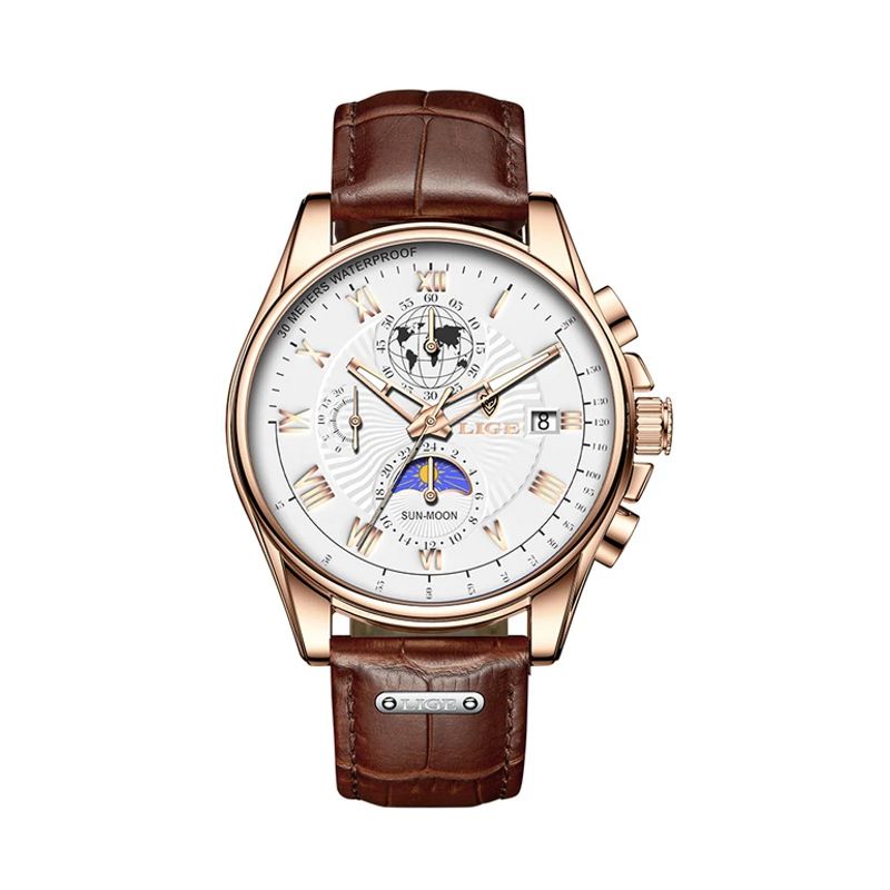 Montre chronographe pour homme business, cadran blanc et boitier or rose avec bracelet en cuir marron - Lige Urban Chrono