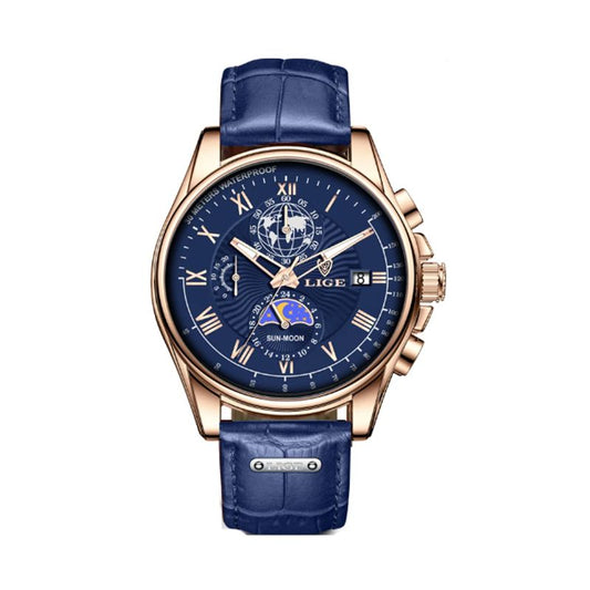 Montre chronographe pour homme business, cadran bleu, boitier or rose avec bracelet en cuir bleu - Lige Urban Chrono