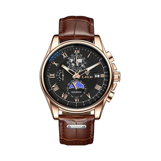 Montre chronographe pour homme business, cadran noir et boitier or rose avec bracelet en cuir marron - Lige Urban Chrono