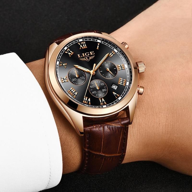 Steel Chronograph Watch Brown Leather Strap - Men