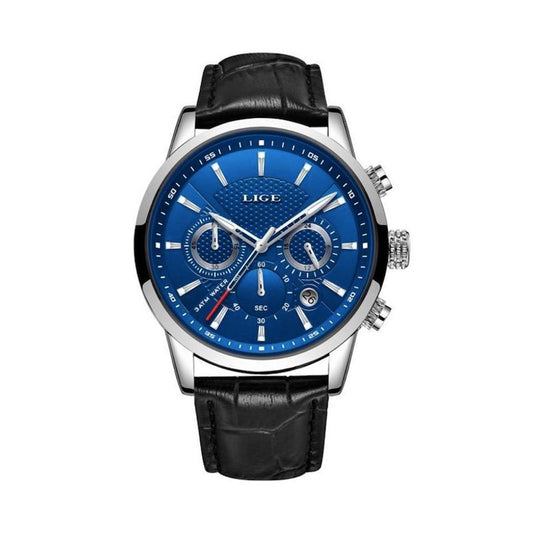 Montre LIGE Chrono Markus, chronographe à quartz avec bracelet en cuir noir, son boitier, ses aiguilles et ses index de couleur argent sont en acier inoxydable - cadran coloris bleu.