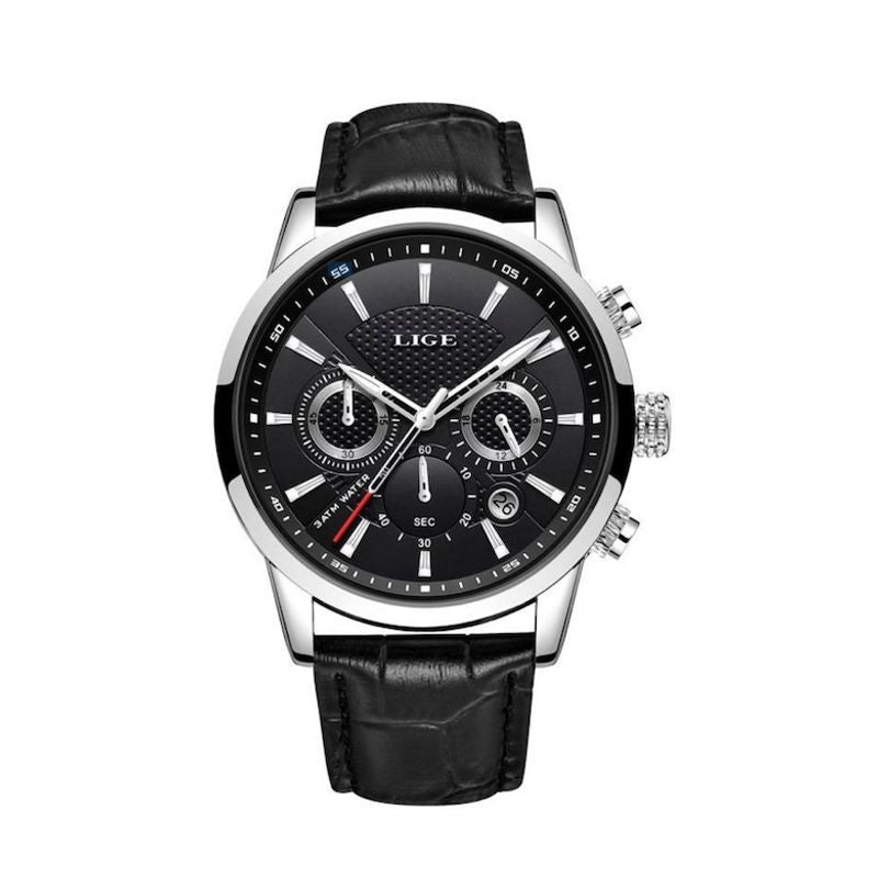 Montre LIGE Chrono Markus, chronographe à quartz avec bracelet en cuir noir, son boitier, ses aiguilles et ses index de couleur argent sont en acier inoxydable - cadran coloris noir