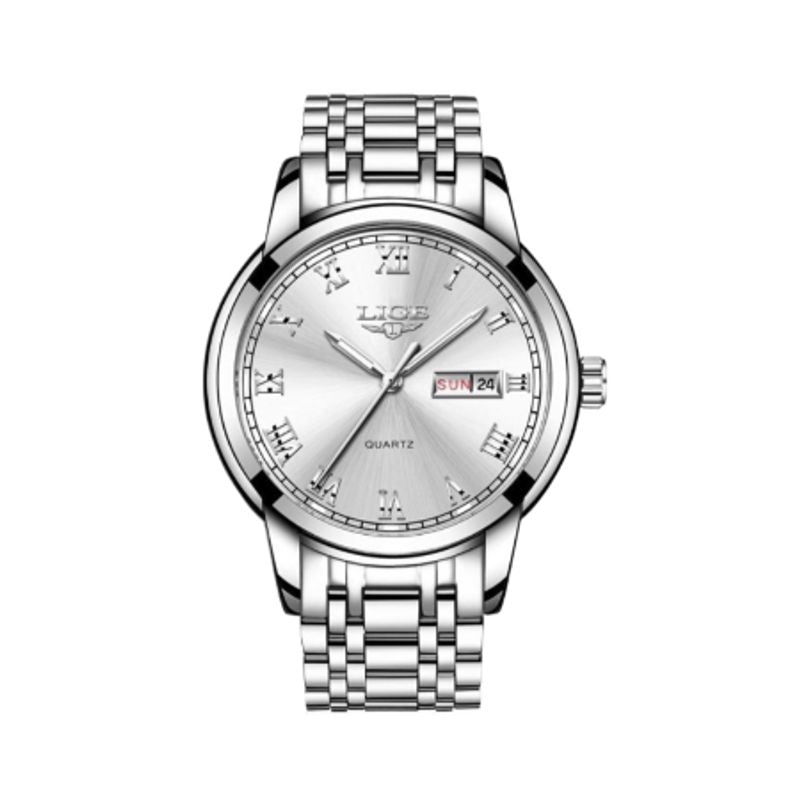 Montre à quartz Jordan avec cadran blanc et bracelet argent en acier inoxydable - marque Lige pour homme