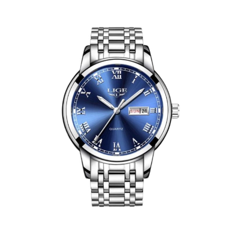 Montre à quartz Jordan avec cadran bleu et bracelet argent en acier inoxydable - marque Lige pour homme