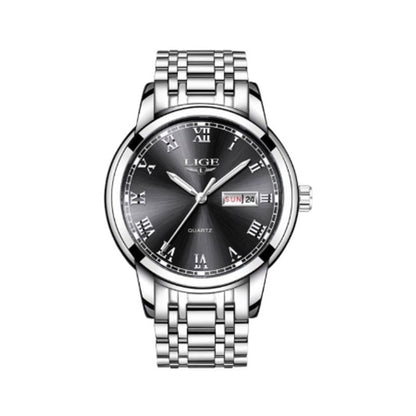 Montre à quartz Jordan avec cadran noir et bracelet argent en acier inoxydable - marque Lige pour homme