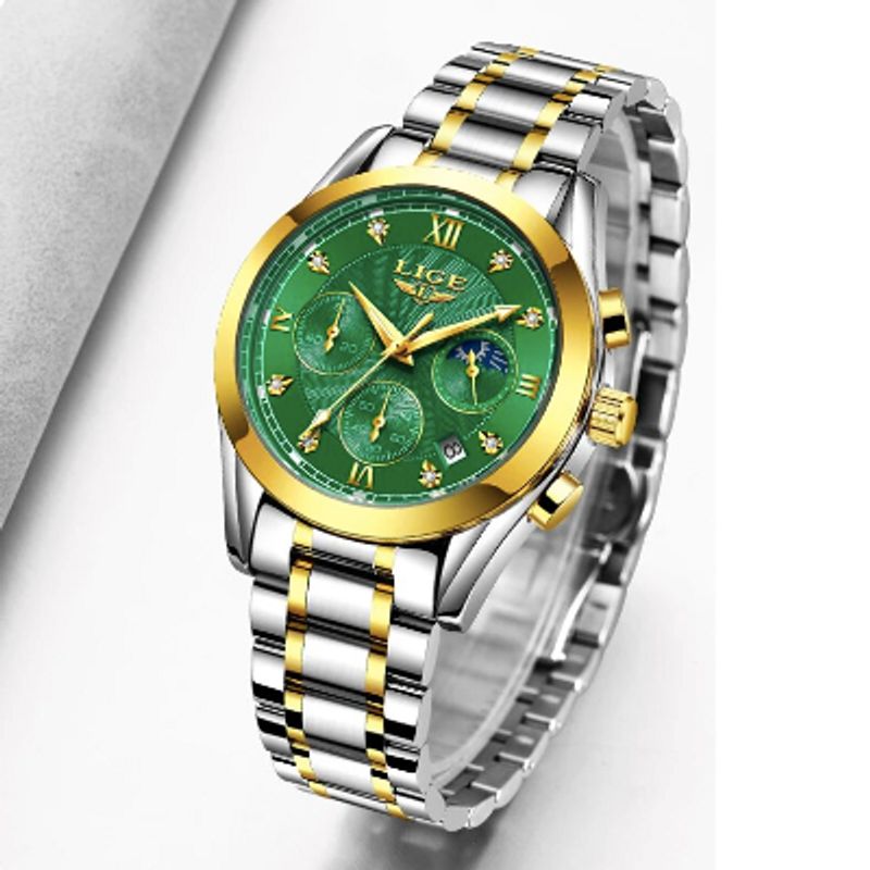 Montre modèle Rebecca avec phase de lune et chronographe en acier inoxydable - coloris vert et or