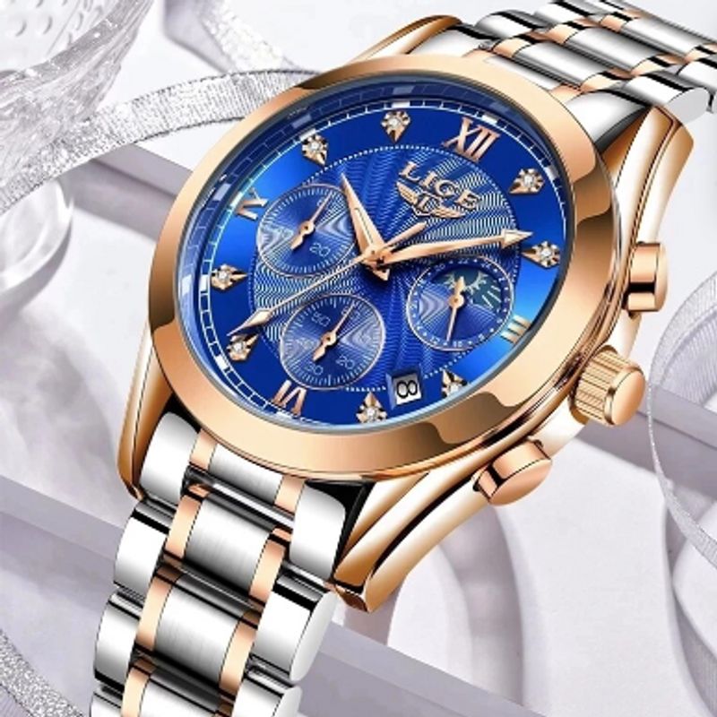 Montre Rebecca cadran bleu avec bracelet en acier inoxydable de couleur argent et or