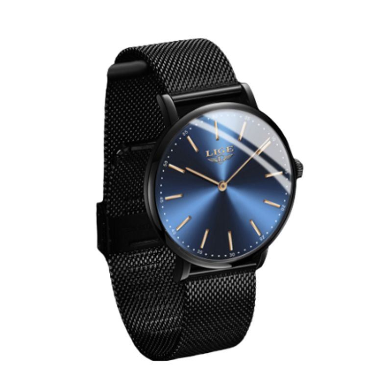 Montre casual bleu, sobre, top mode avec bracelet souple maille milanaise noir en acier inoxydable