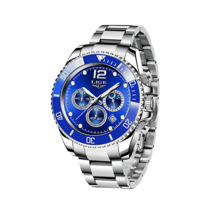 Montre de sport chronographe avec trois sous-cadrans fonctionnels, son bracelet est en acier inoxydable - cadran coloris bleu
