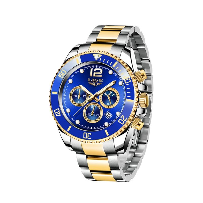 Montre de sport chronographe avec trois sous-cadrans fonctionnels, son bracelet est en acier inoxydable bicolore, or et argent - cadran coloris bleu