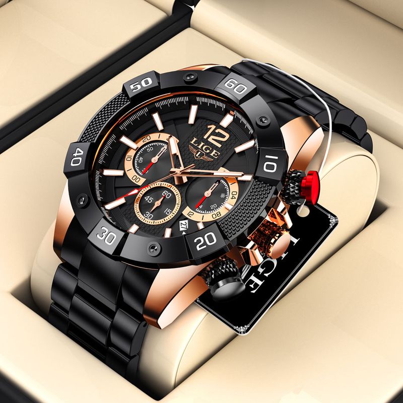 Montre sport de luxe - Top chronographe en acier inoxydable de qualité, de marque Lige pour homme - couleur or rose et noir