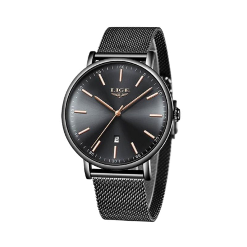 Montre Top Charme avec trotteuse et date, bracelet à maille milanaise en acier inoxydable pour femme - mouvement à quartz - coloris noir et or rose