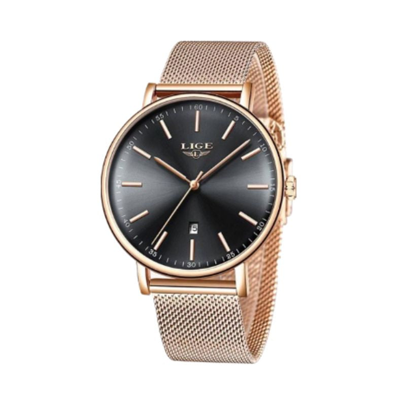 Montre Top Charme avec trotteuse et date, bracelet à maille milanaise en acier inoxydable pour femme - mouvement à quartz - coloris or rose et noir