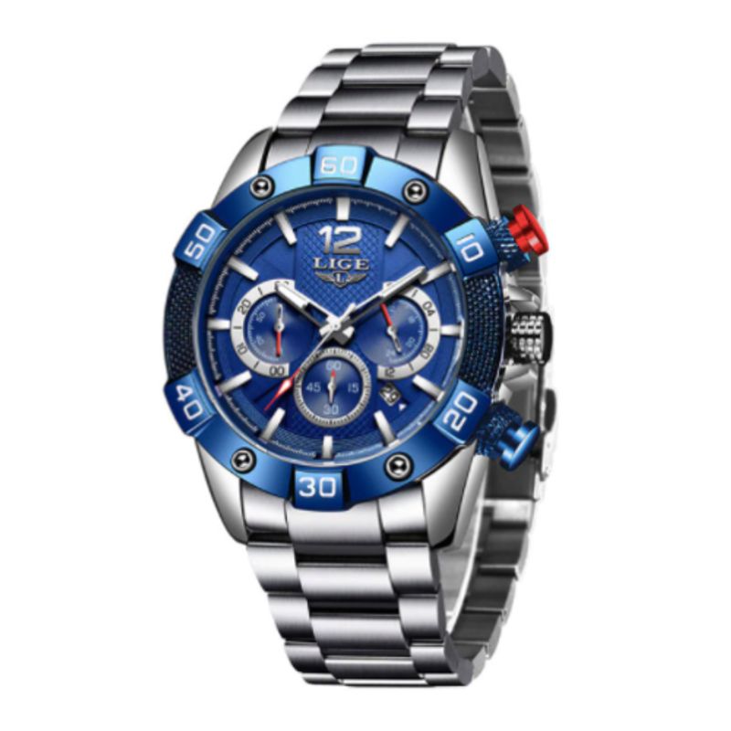 Montre Top Chronographe en acier inoxydable - marque Lige - montre fashion pour homme - coloris bleu et argent
