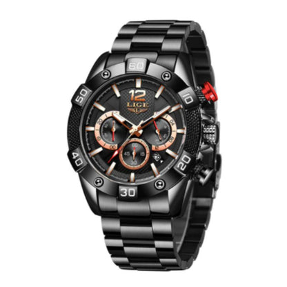 Montre Top Chronographe en acier inoxydable - marque Lige - montre fashion pour homme - coloris noir et or rose
