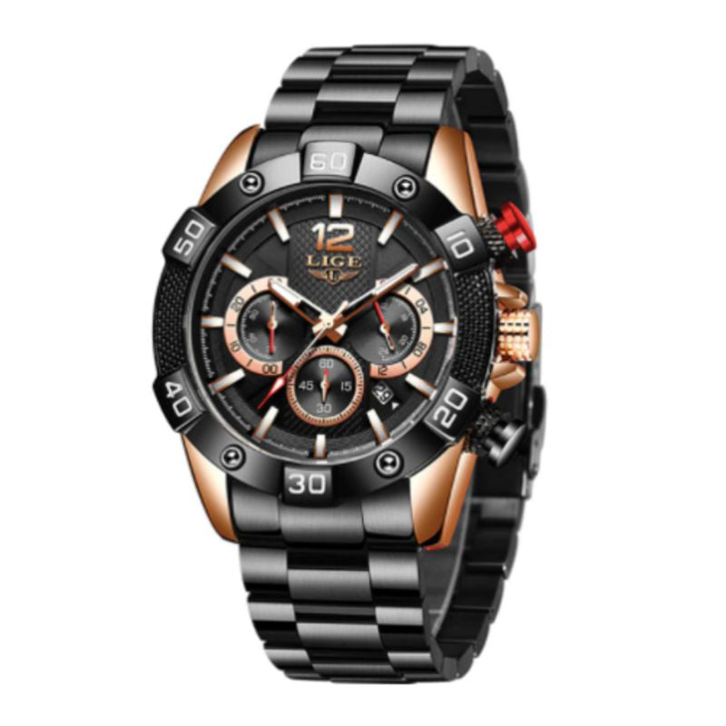 Montre Top Chronographe en acier inoxydable - marque Lige - montre fashion pour homme - coloris or rose et noir