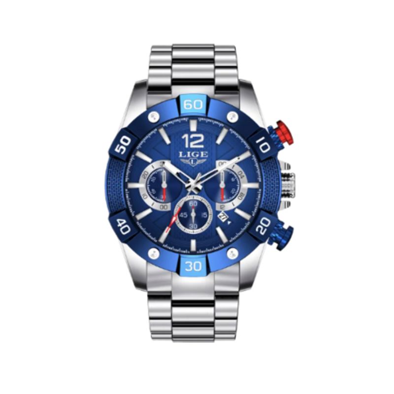 Montre Top Chronographe en acier inoxydable - marque Lige - montre fashion pour homme - coloris bleu et argent