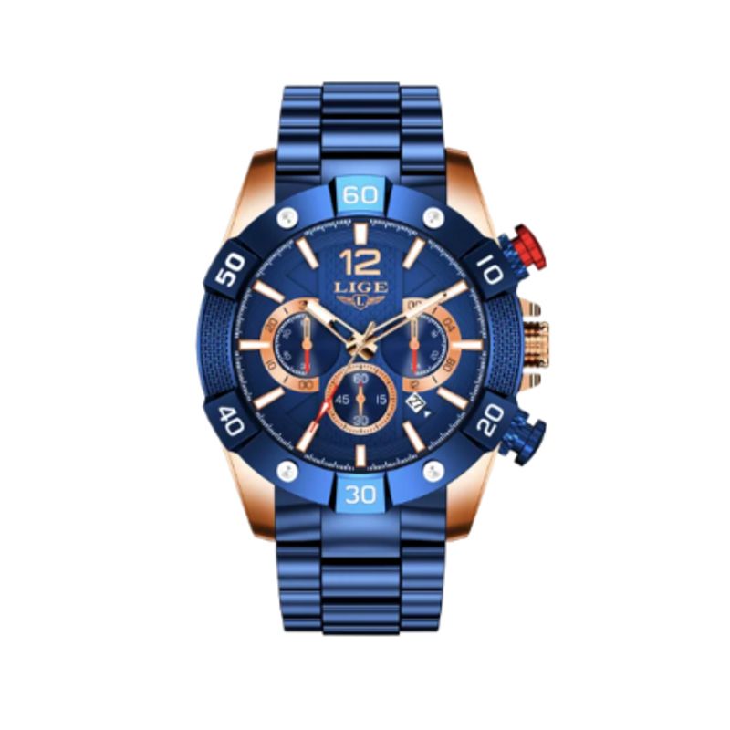 Montre Top Chronographe en acier inoxydable - marque Lige - montre fashion pour homme - coloris bleu et or rose