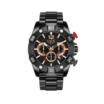 Montre Top Chronographe en acier inoxydable - marque Lige - montre fashion pour homme - coloris noir et or rose