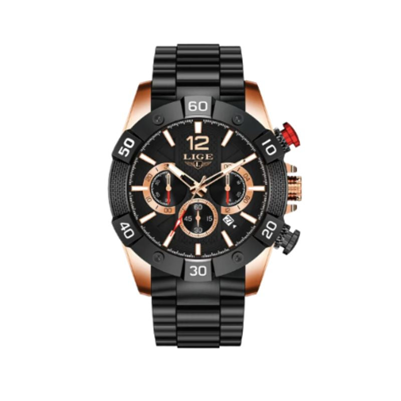 Montre Top Chronographe en acier inoxydable - marque Lige - montre fashion pour homme - coloris or rose et noir