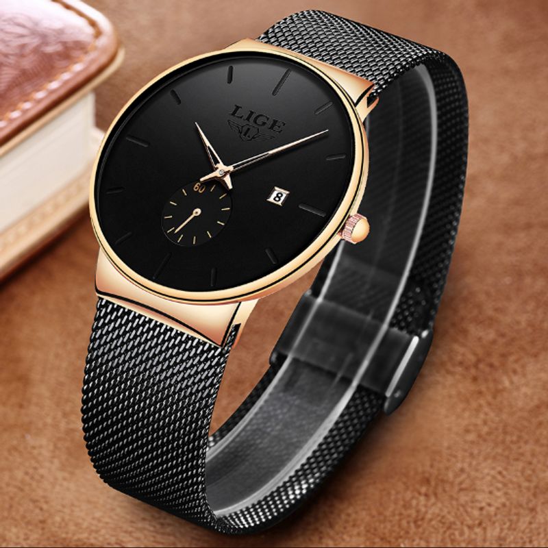 Montre de luxe Top Classe à mouvement quartz japonais - bracelet maille milanaise souple - unisexe - couleur noir et or
