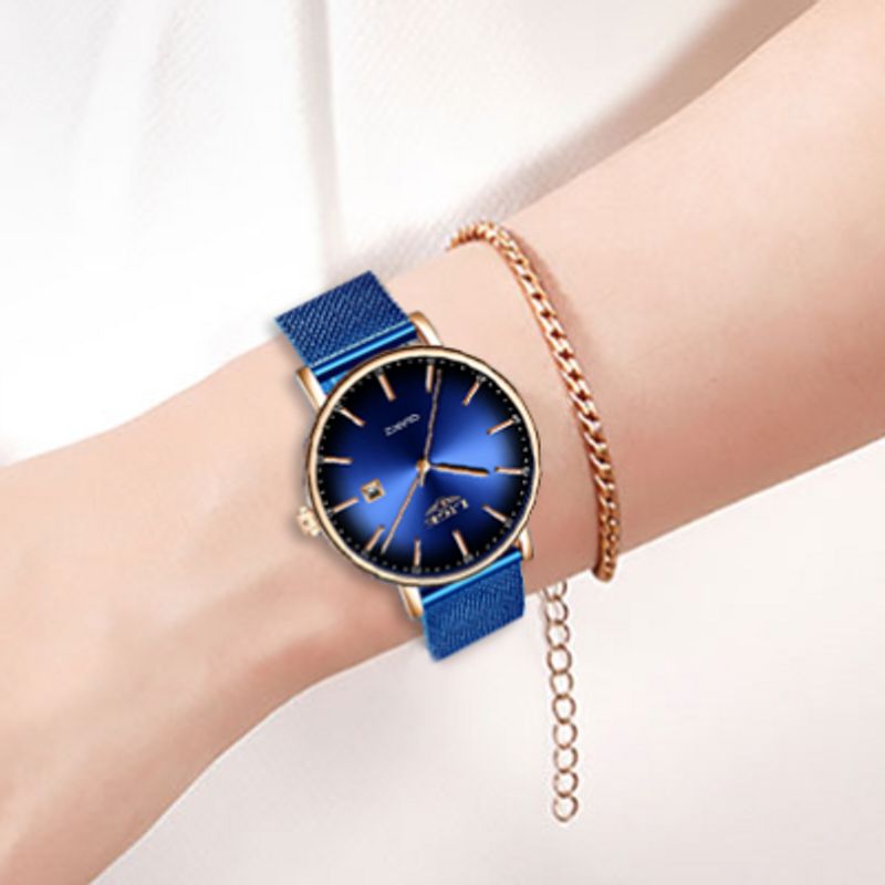 Montre TOP luxe bracelet maille milanaise bleu pour femme - couleur bleu et or rose