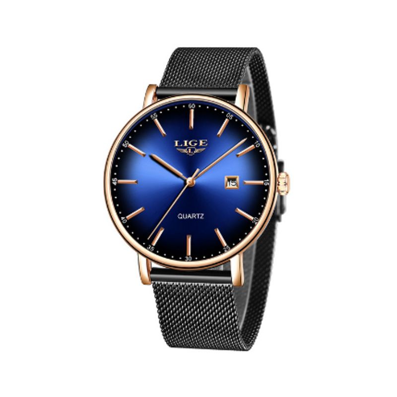 Montre Top luxe avec bracelet maille milanaise pour femme - coloris bleu et or rose