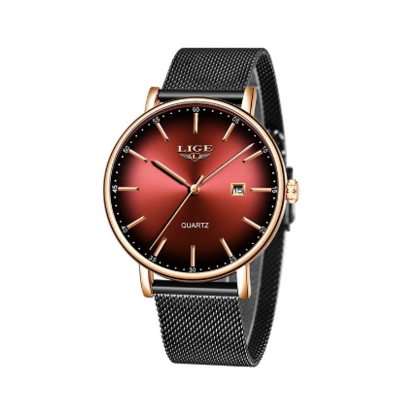 Montre Top luxe avec bracelet maille milanaise pour femme - coloris rouge et or rose